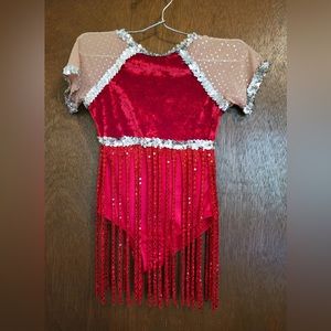 Child Medium red and silver fringe dance costume